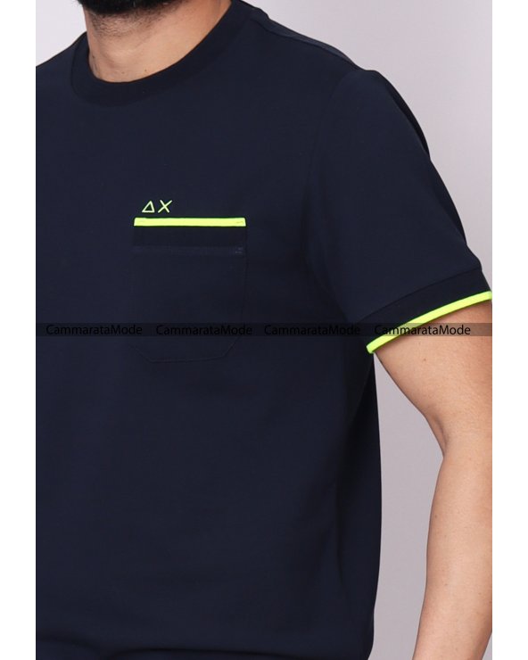 Sun68 uomo GITASCI - T-shirt blu in piquè di cotone con taschino, logo AX ricamo