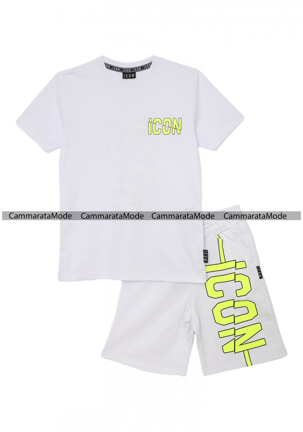 Completo ICON fluo per bambini - Set bianco t-shirt e bermuda con logo fluo