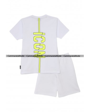 Completo ICON fluo per bambini - Set bianco t-shirt e bermuda con logo fluo