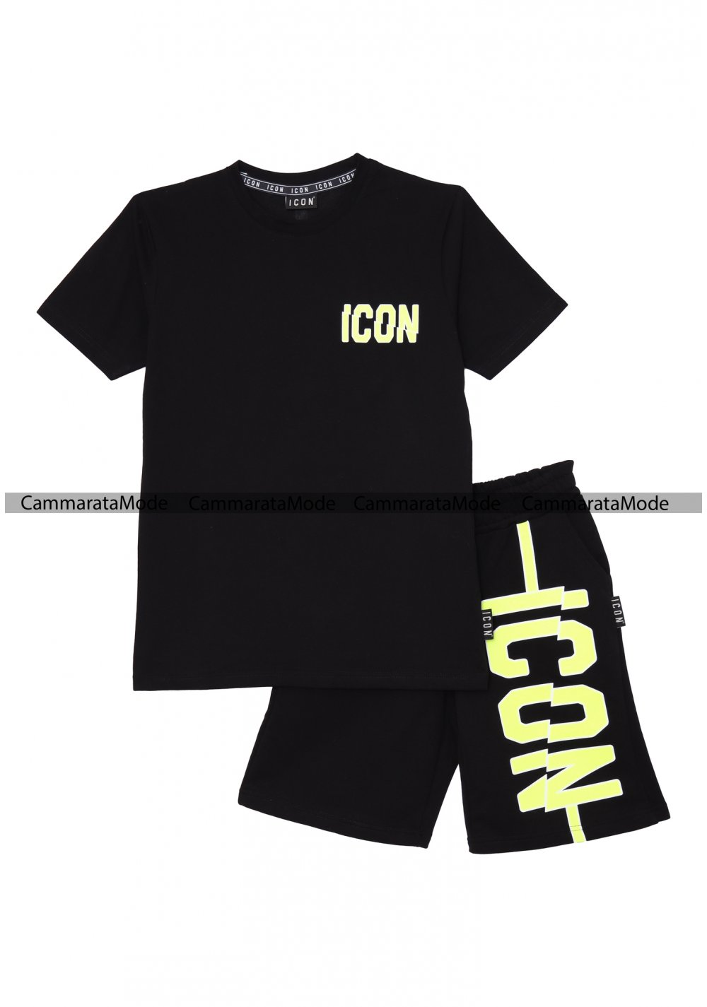 Completo ICON fluo per bambini - Set nero t-shirt e bermuda con logo fluo <br />  <br />