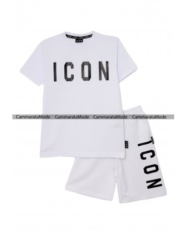 Completo bambino ICON - Set bianco T-shirt con bermuda logo in contrasto <br />  <br />