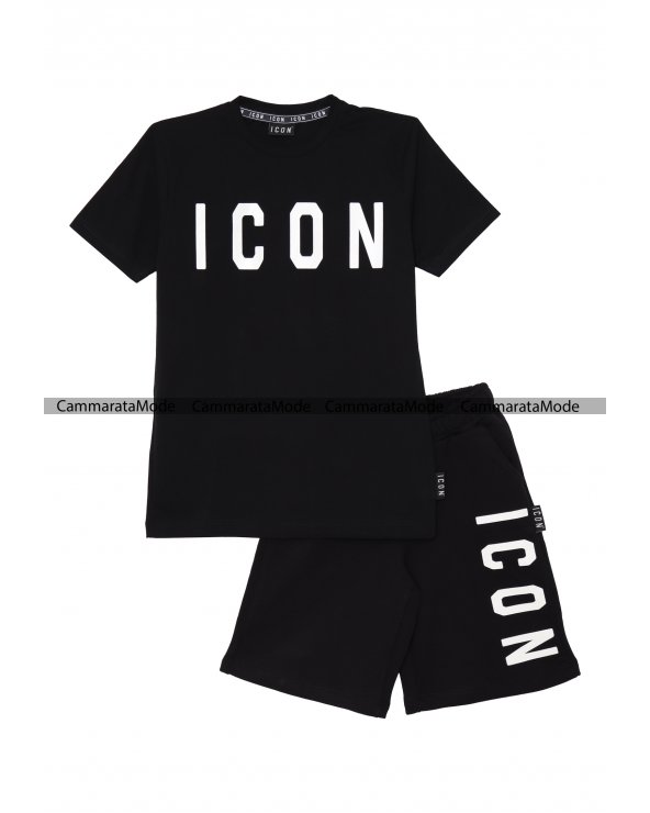 Completo bambino ICON - Set nero T-shirt con bermuda logo in contrasto