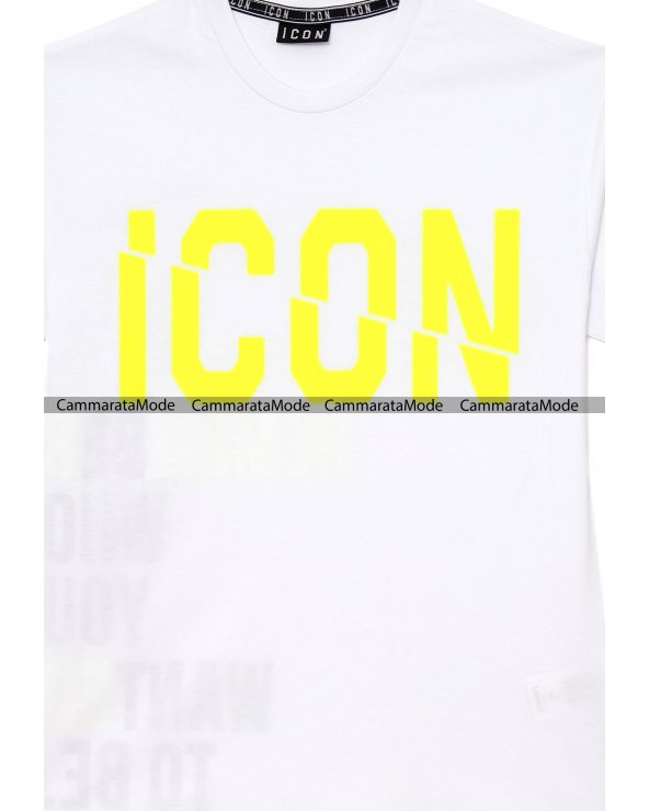 T-shirt uomo ICON - Shirt bianca con grande logo fluo nel davanti e scritte icon