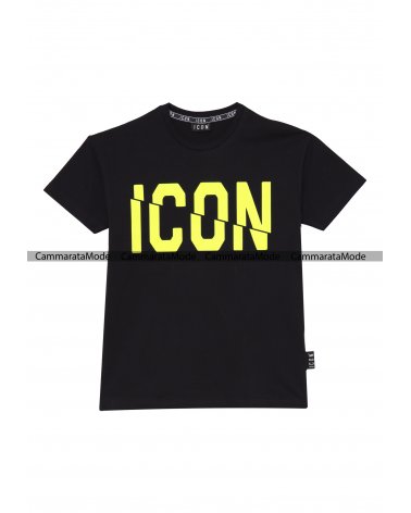 T-shirt uomo ICON - Shirt nera con grande logo fluo nel davanti e scritte icon