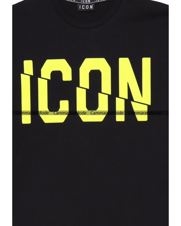T-shirt uomo ICON - Shirt nera con grande logo fluo nel davanti e scritte icon