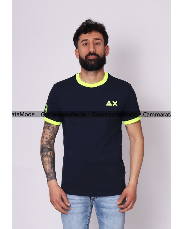 Sun68 uomo GIROFLO - T-shirt blu in piquè di cotone con logo AX ricamato