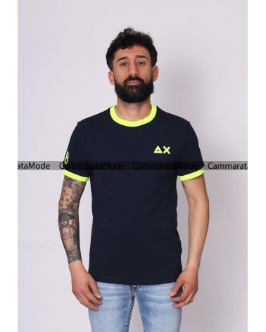 Sun68 uomo GIROFLO - T-shirt blu in piquè di cotone con logo AX ricamato