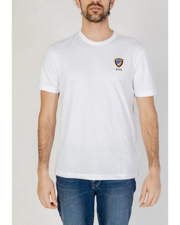 Blauer uomo MILOGH - T-shirt bianco girocollo, maniche corte logo mini scudetto